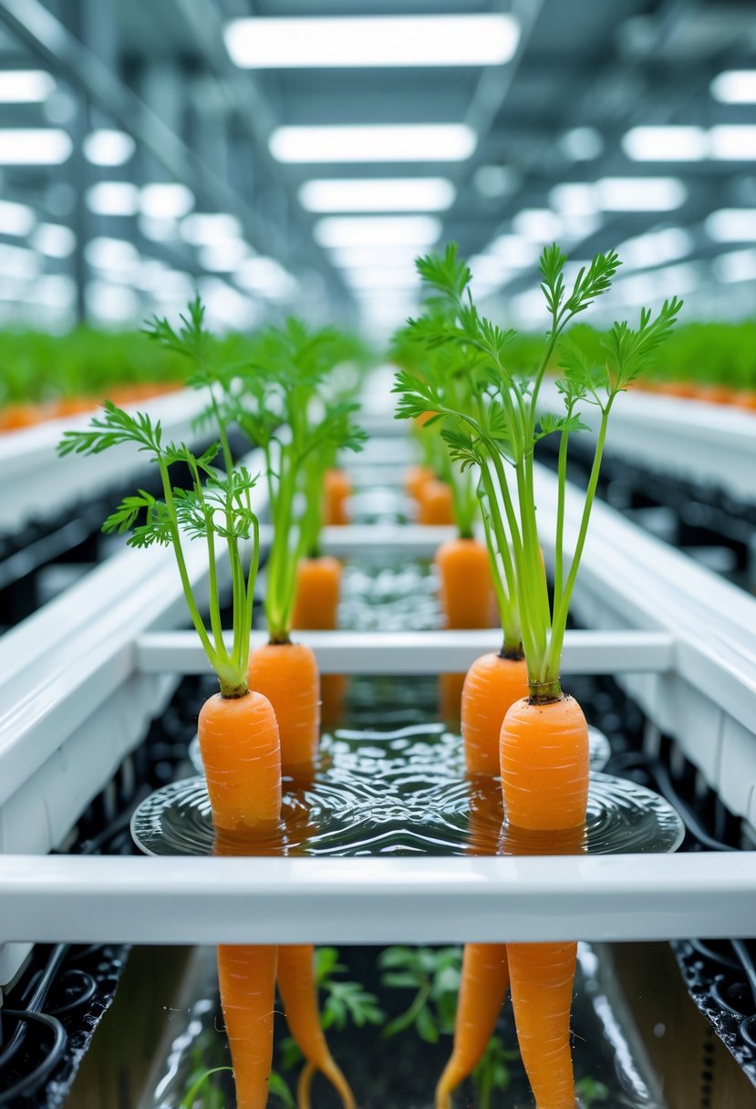 Hydroponic farming system with healthy green carrot tops and orange roots growing in water indoors.
