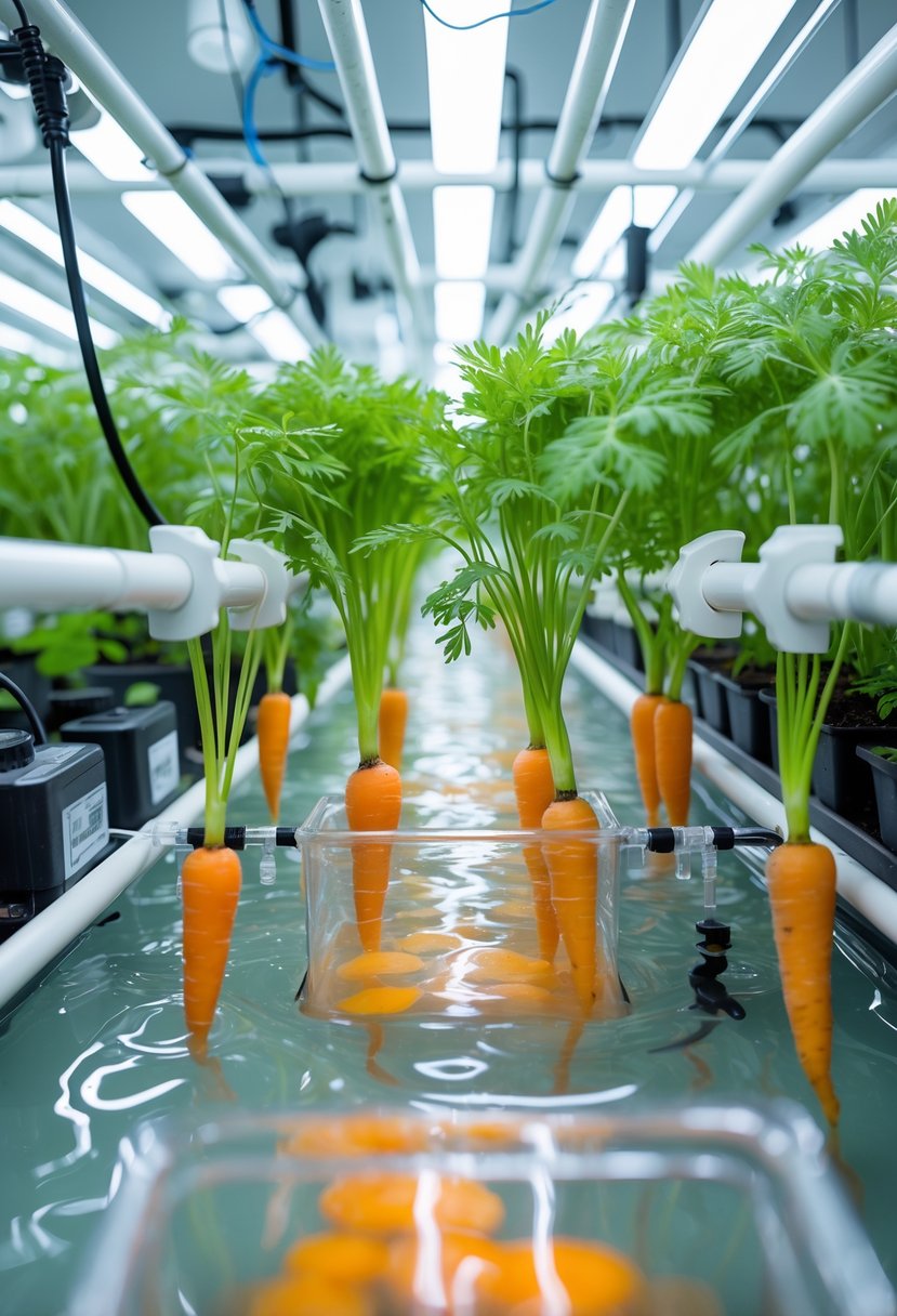 A hydroponic system with young carrot plants growing in water, showing green tops and orange roots in a clean indoor setup.