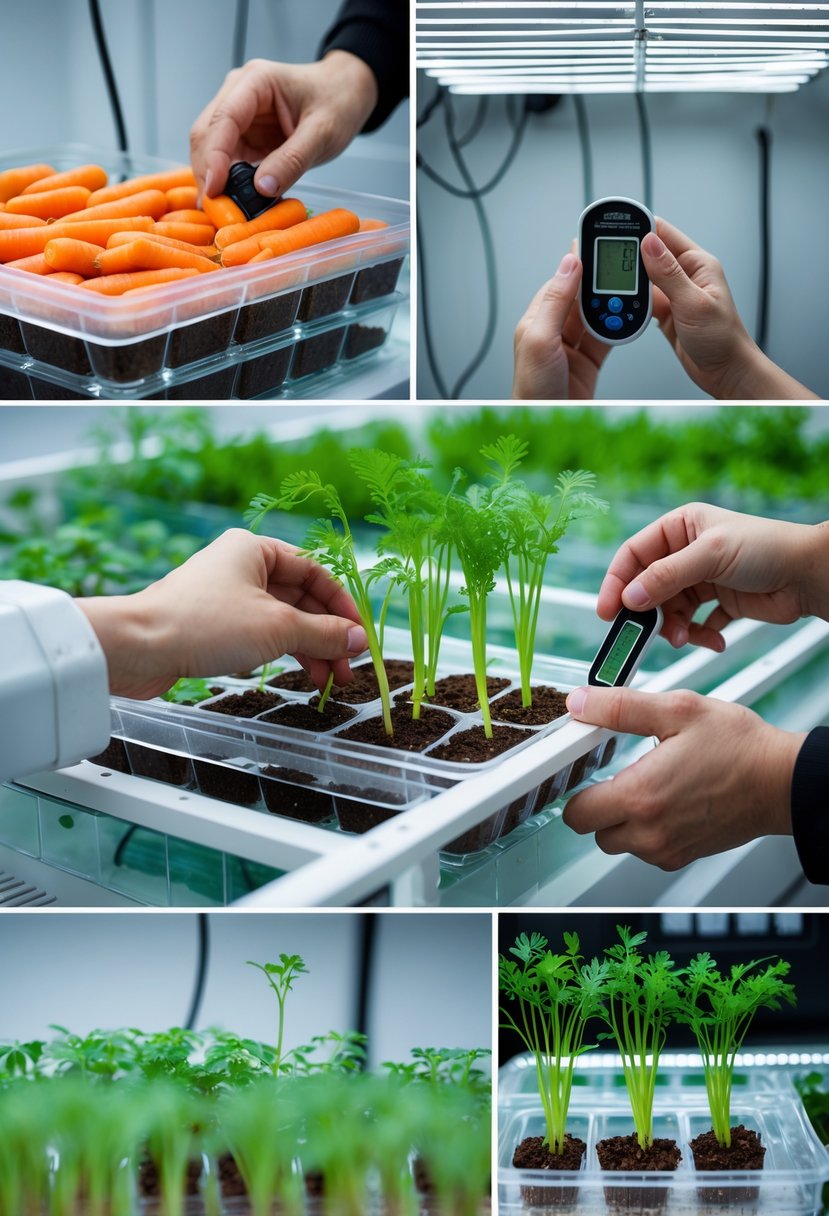 Hands planting carrot seedlings in a hydroponic setup with trays of nutrient solution and young carrot plants growing under LED lights.