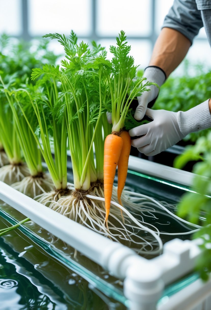 Close-up of hydroponic carrot plants growing in water with a gardener inspecting the roots and leaves indoors.