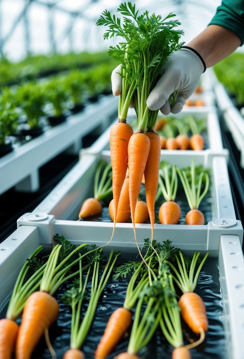 A person harvesting fresh orange carrots growing in a hydroponic indoor farm with green leaves and white troughs.