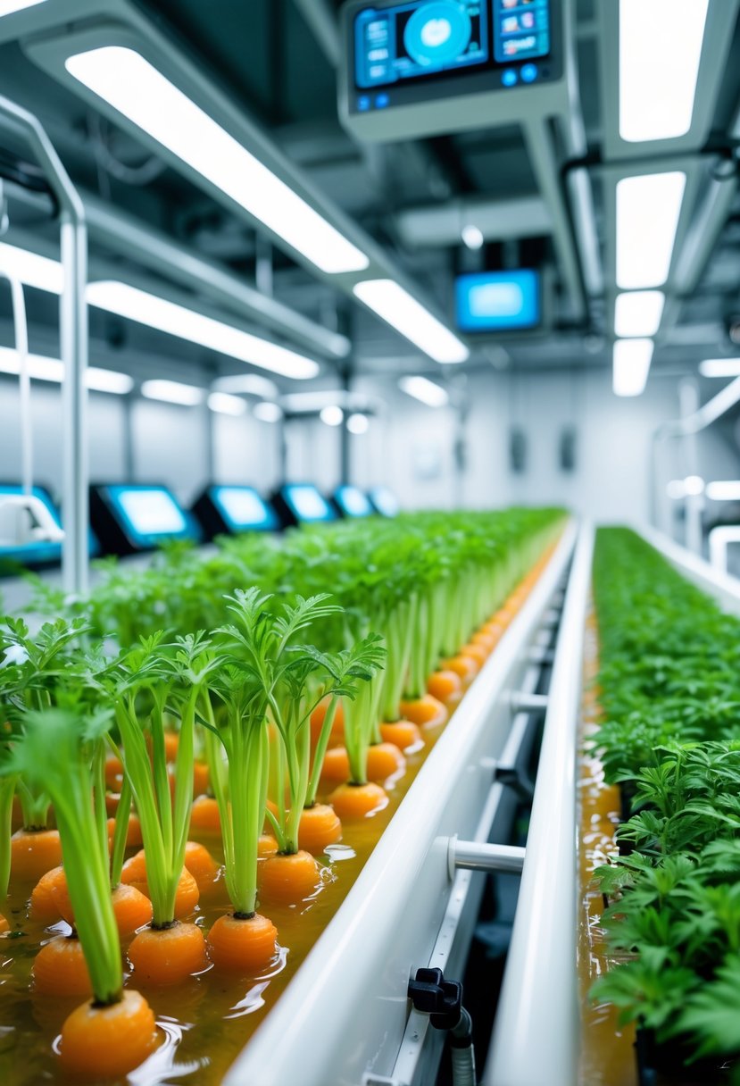 Indoor hydroponic system growing healthy carrot plants with green tops in water-filled troughs, surrounded by modern farming technology.