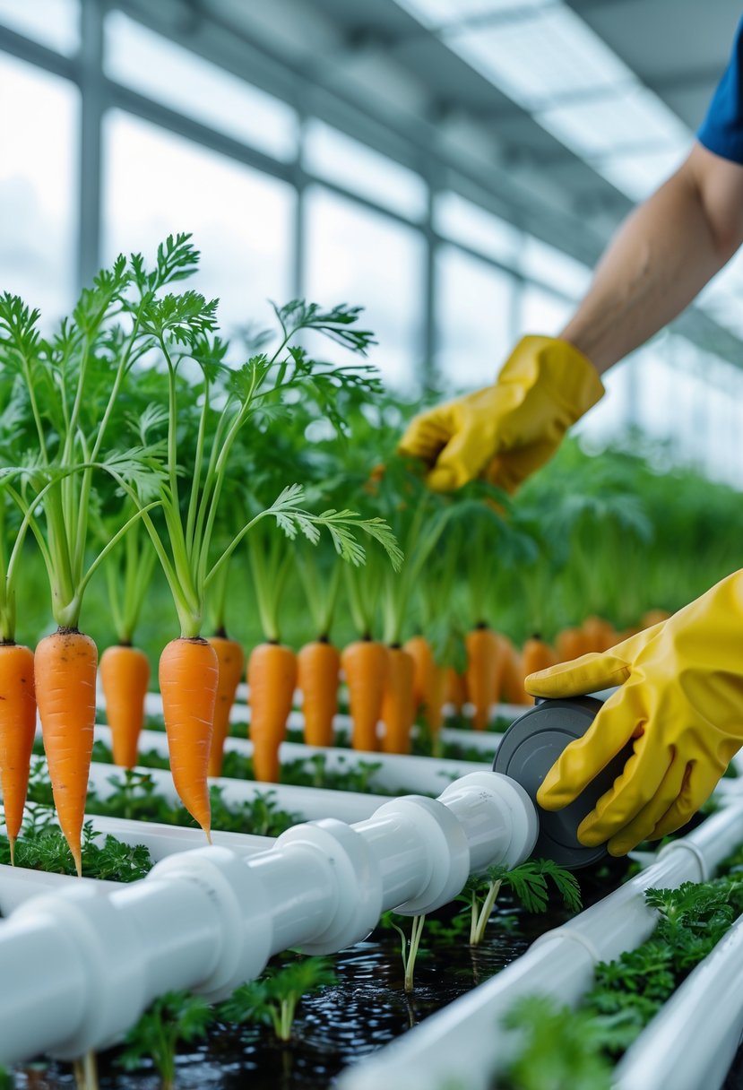 Hands tending to green carrot tops growing in a clean indoor hydroponic farming system with water channels.