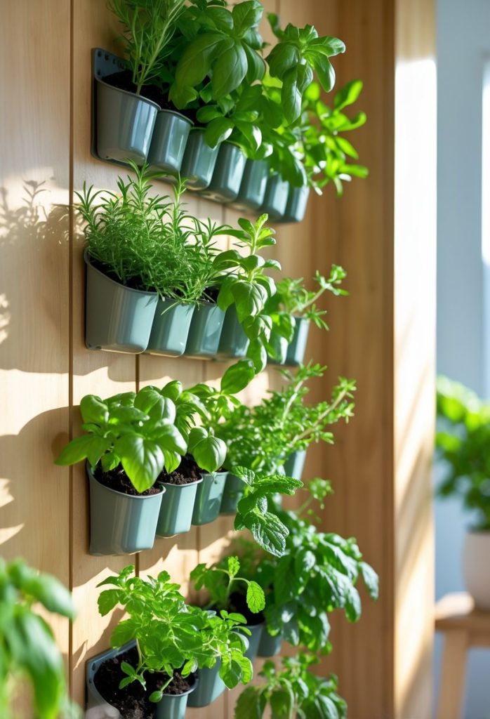 A vertical herb garden with various fresh green herbs growing in small pots arranged on a wooden wall indoors.