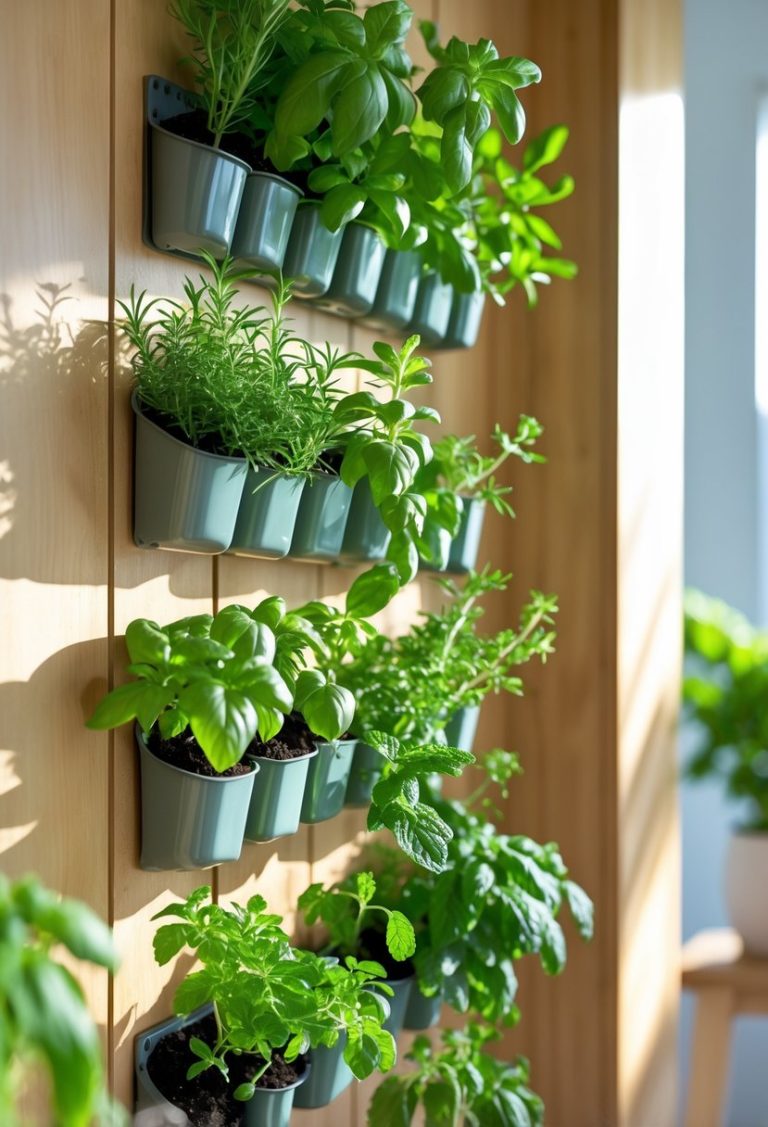 A vertical herb garden with various fresh green herbs growing in small pots arranged on a wooden wall indoors.