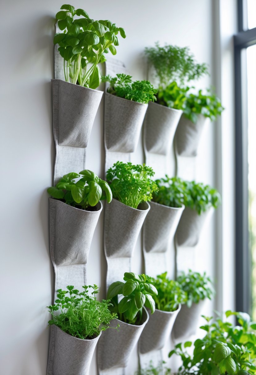 Vertical wall-mounted planter pockets filled with various fresh green herbs in a bright indoor space.