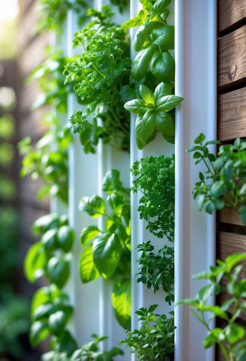 Vertical garden made from repurposed rain gutters filled with green herbs mounted on a wooden fence.