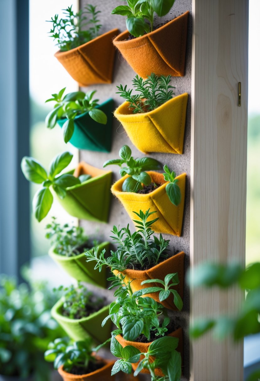 A vertical pocket garden made of colorful felt fabric holding various fresh green herbs in small pockets hanging indoors near a window.