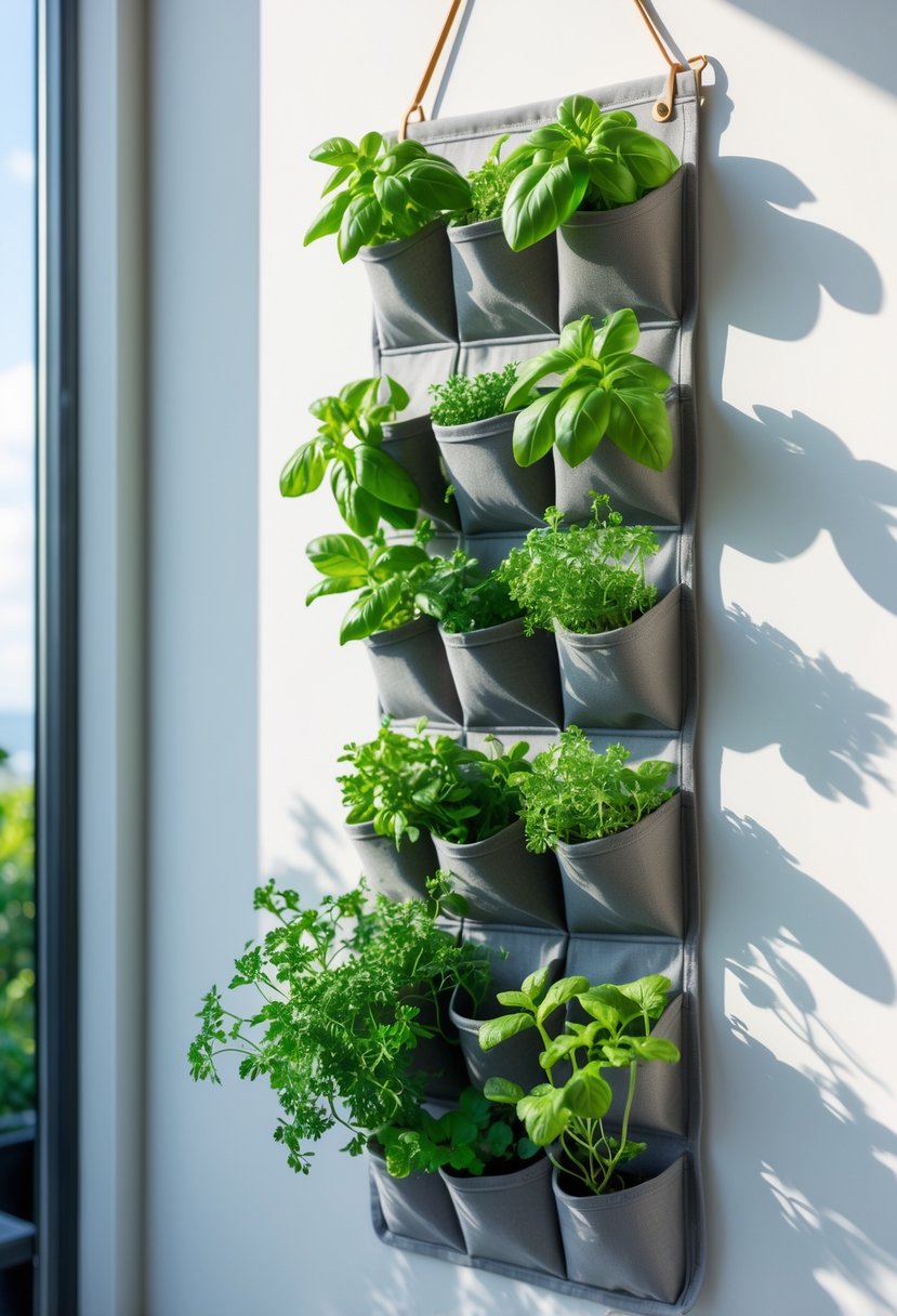 A shoe organizer hanging on a wall filled with various green herbs growing in each pocket.