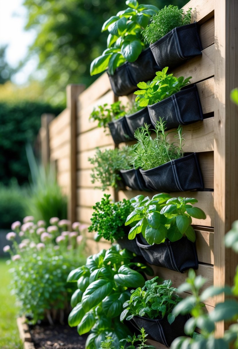 Vertical herb garden with various fresh herbs growing in pockets attached to a wooden garden fence outdoors.