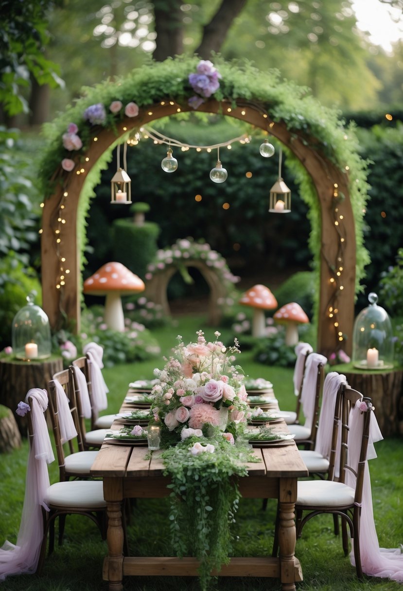 A whimsical outdoor wedding setup featuring a wooden arch decorated with flowers and fairy lights, a rustic table with floral centerpieces and fairy figurines, surrounded by garden plants and small fairy houses.