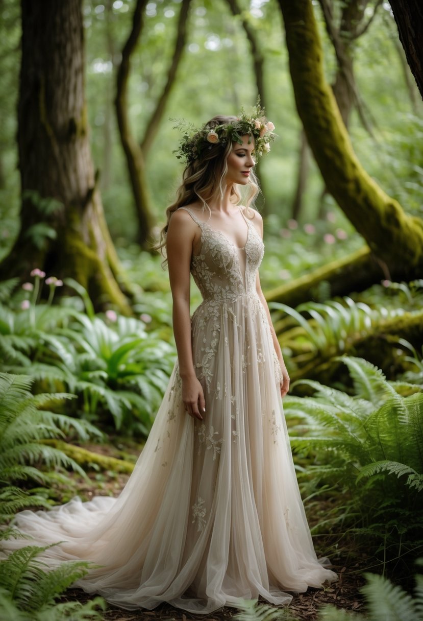 A woman in a lace gown and floral crown standing in a sunlit forest clearing surrounded by greenery and wildflowers.