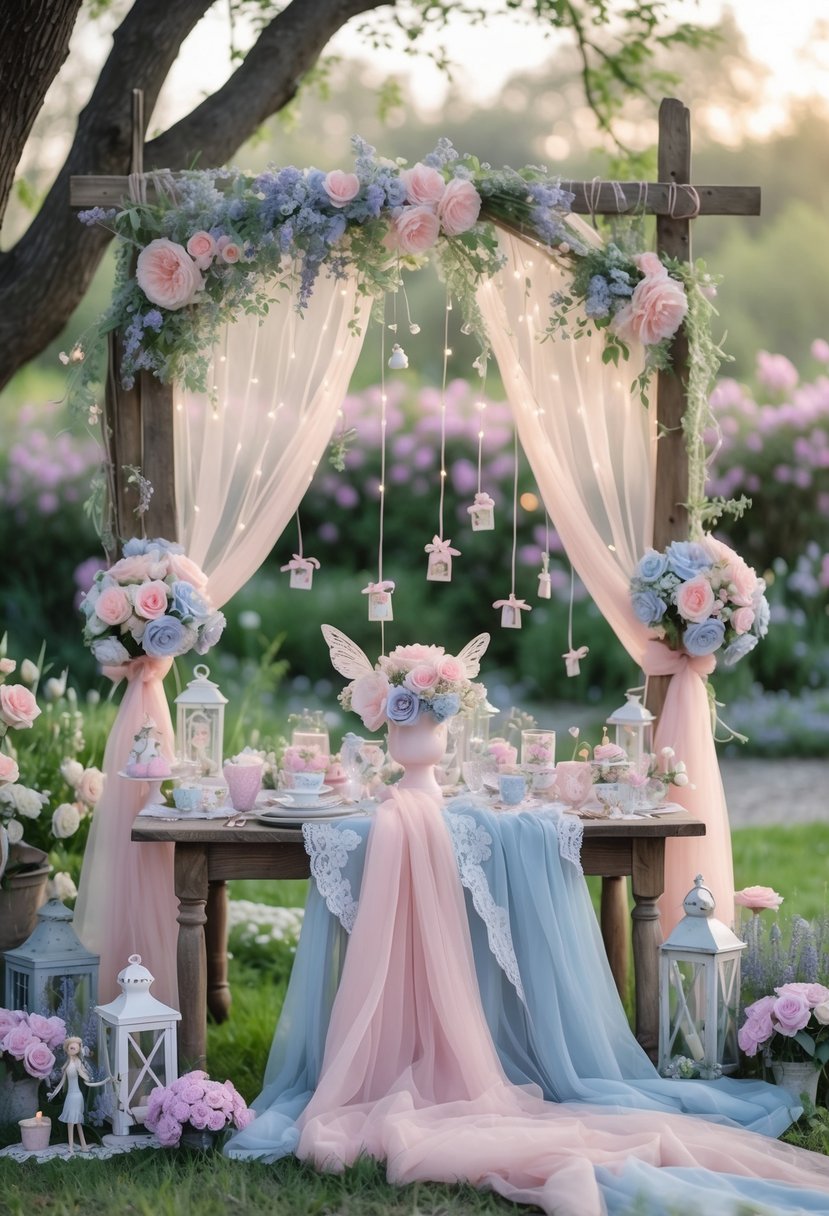 Outdoor wedding setup in a garden with pastel flowers, fairy lights, and a decorated wooden arch surrounded by greenery.