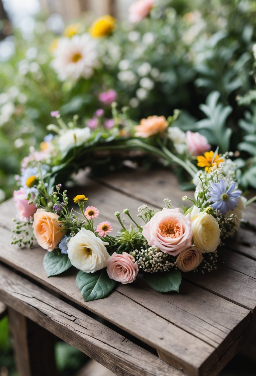 A flower crown made of fresh garden blooms resting on a wooden surface surrounded by greenery.