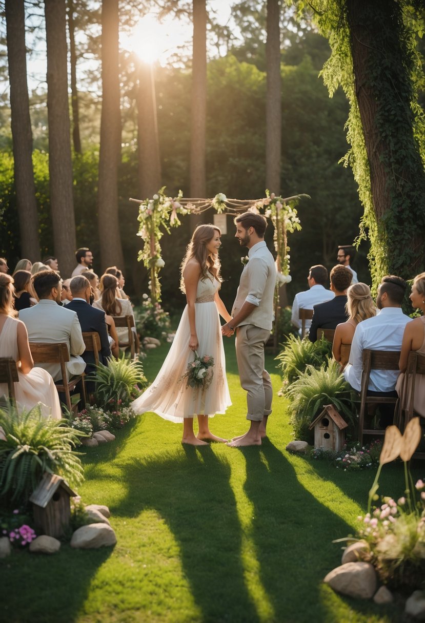 A barefoot bride and groom standing outdoors in a garden surrounded by flowers, fairy lights, and miniature fairy garden decorations during a wedding ceremony.