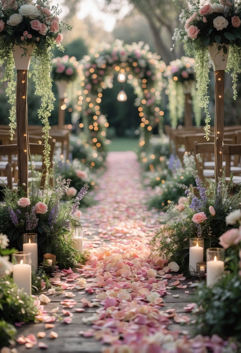 A wedding aisle decorated with cascading colorful flower petals and greenery in a garden setting.