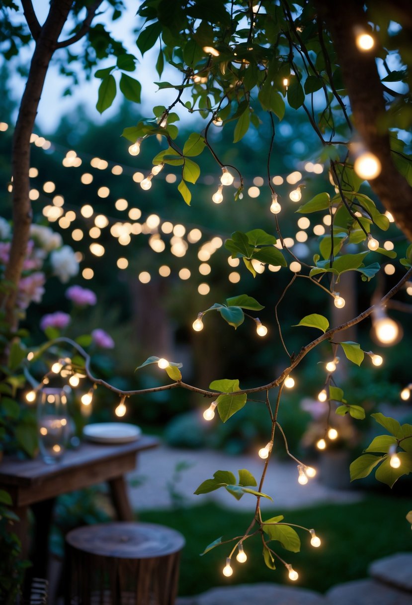 Fairy lights hanging from tree branches in a garden at dusk, glowing softly among green leaves.