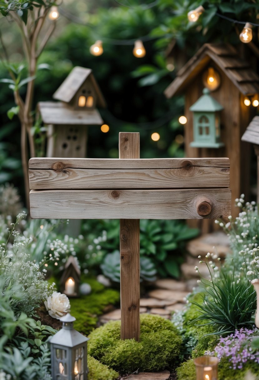 A rustic wooden sign in a garden surrounded by greenery, flowers, and small fairy garden decorations.