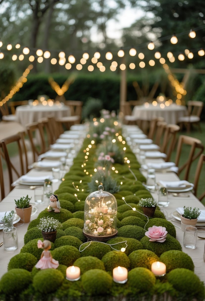 Outdoor wedding reception tables covered with green moss and decorated with small plants, fairy lights, and pastel flowers.