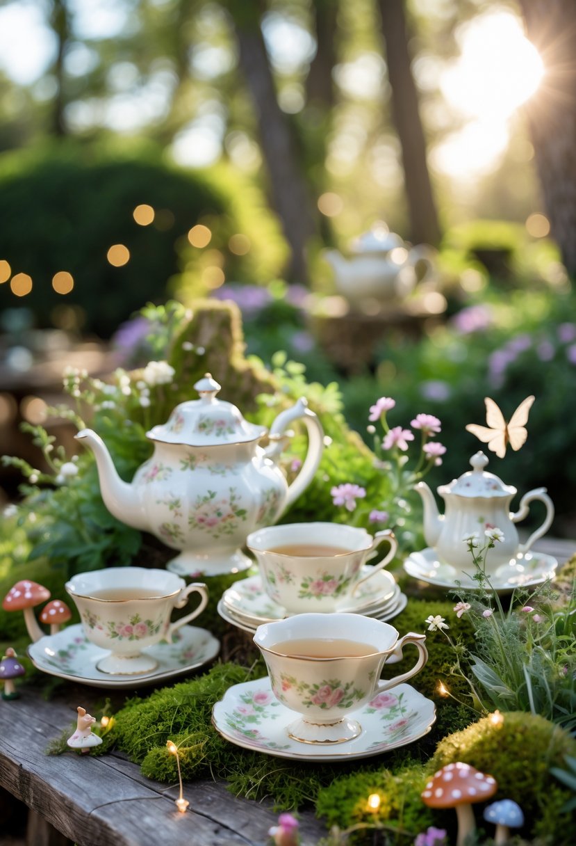 A vintage tea set with porcelain cups and teapots arranged on a wooden table surrounded by flowers, greenery, and miniature fairy garden decorations.