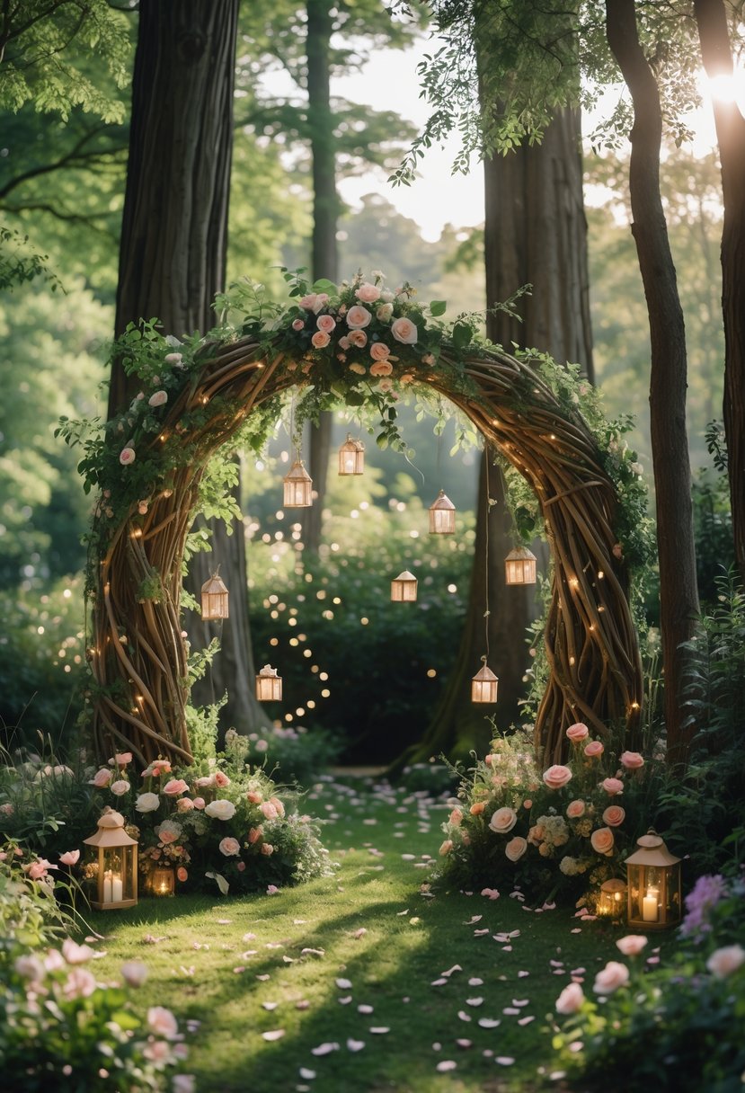 A wedding arch decorated with flowers and fairy lights in a forest surrounded by trees and greenery.