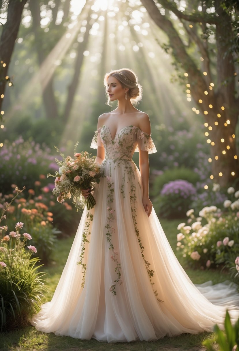 A bride in an off-shoulder gown with floral details standing in a garden surrounded by flowers and greenery.