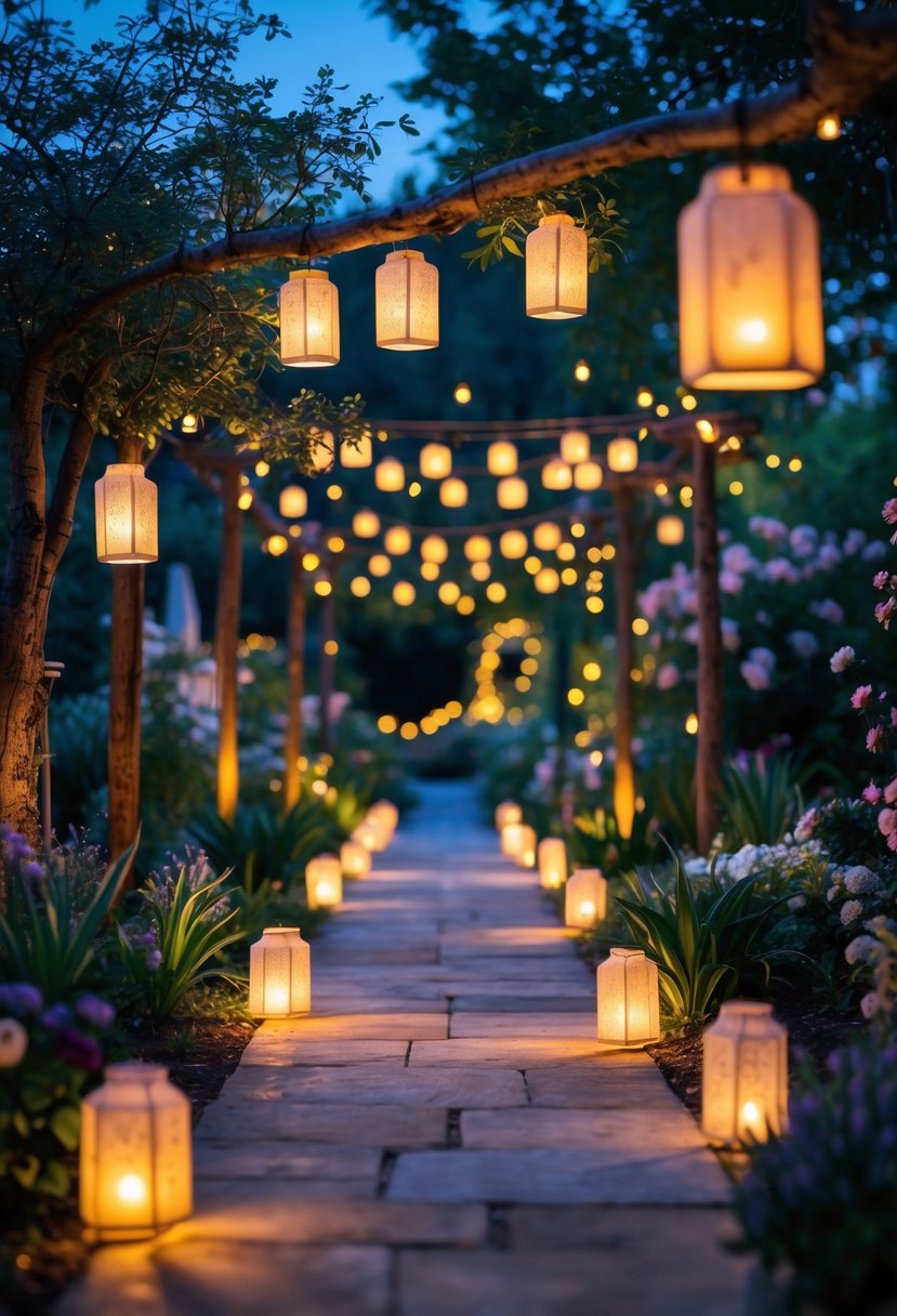A garden pathway lit by hanging fairy lanterns with trees and flowers surrounding it at twilight.