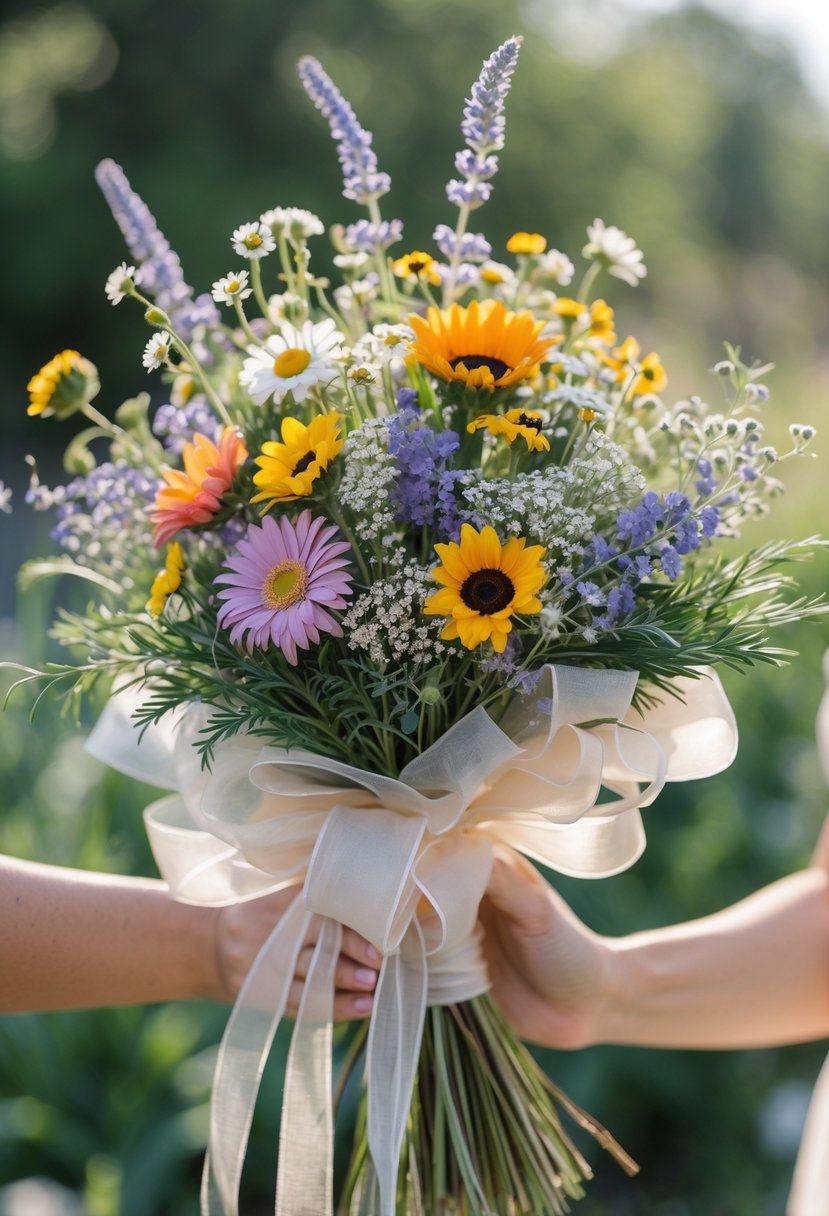 A colorful wildflower bouquet wrapped with a ribbon, held in hands against a blurred garden background.