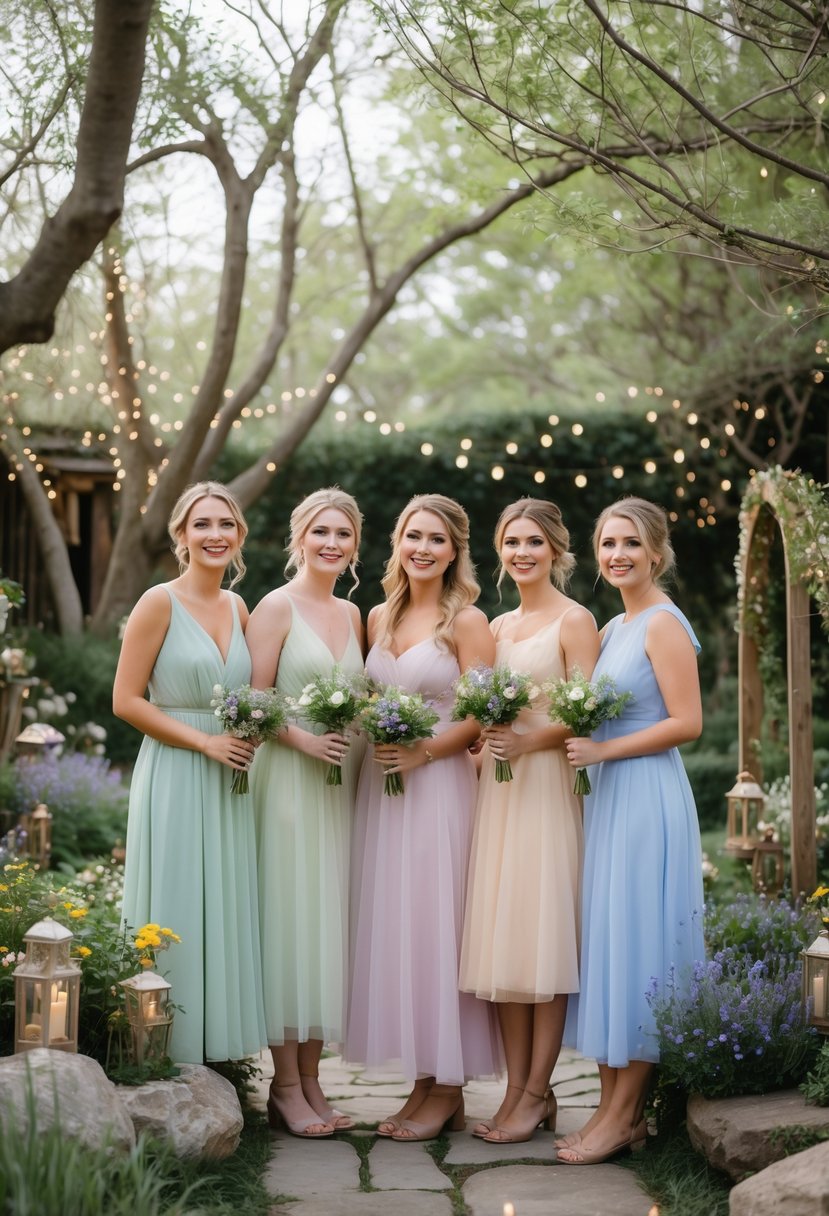 A group of bridesmaids wearing different pastel dresses standing together in a garden with flowers and greenery.