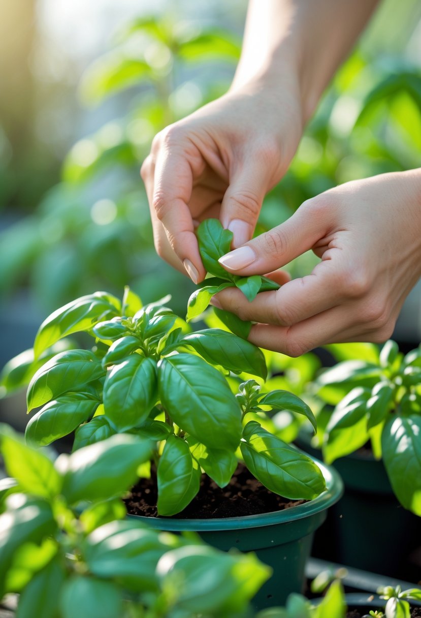 Hands harvesting fresh green basil leaves from a healthy basil plant.