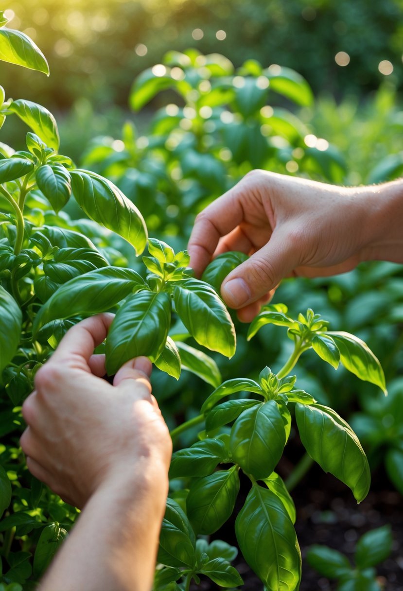 Hands harvesting fresh basil leaves from a green basil plant in a garden.