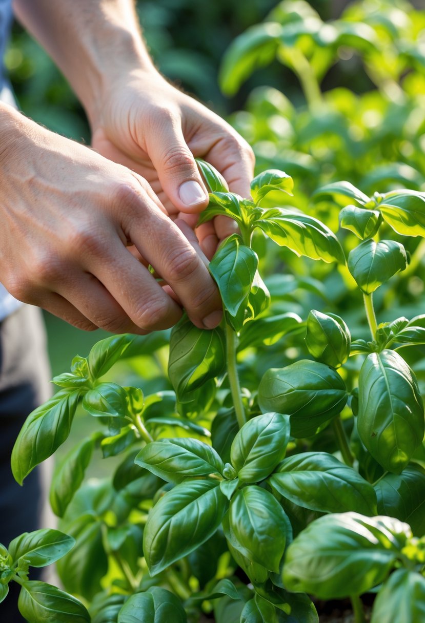 Hands harvesting fresh green basil leaves from a basil plant in a garden.
