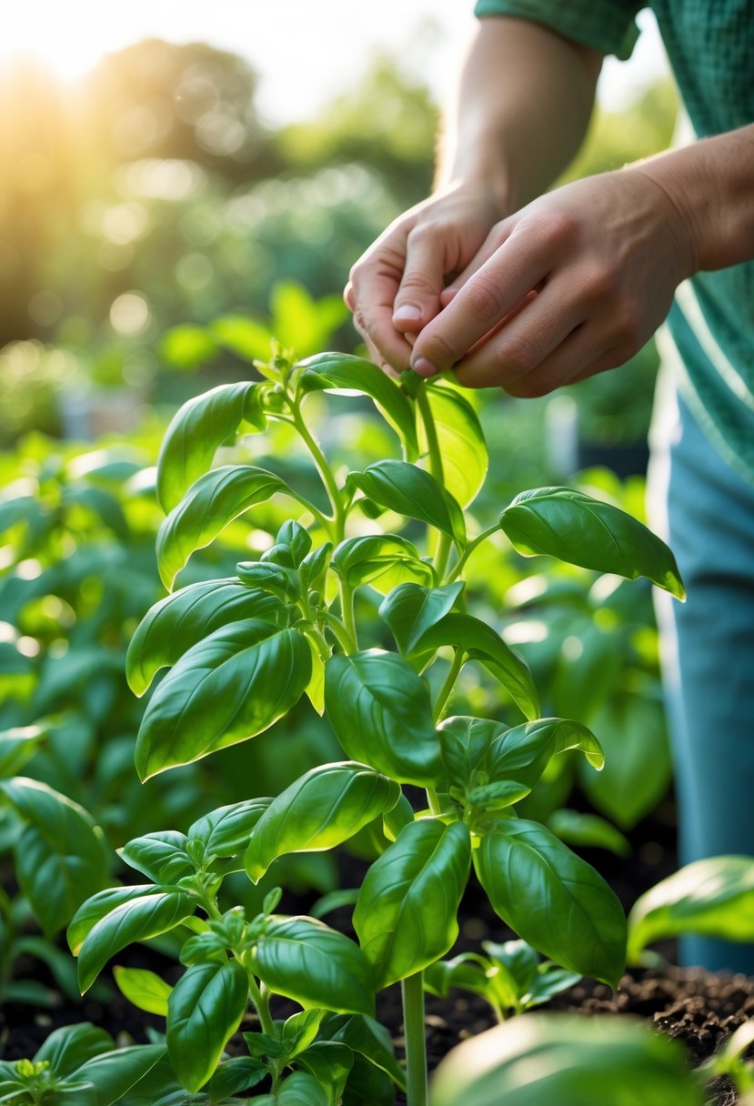 Hands harvesting fresh basil leaves from a healthy basil plant in a garden.