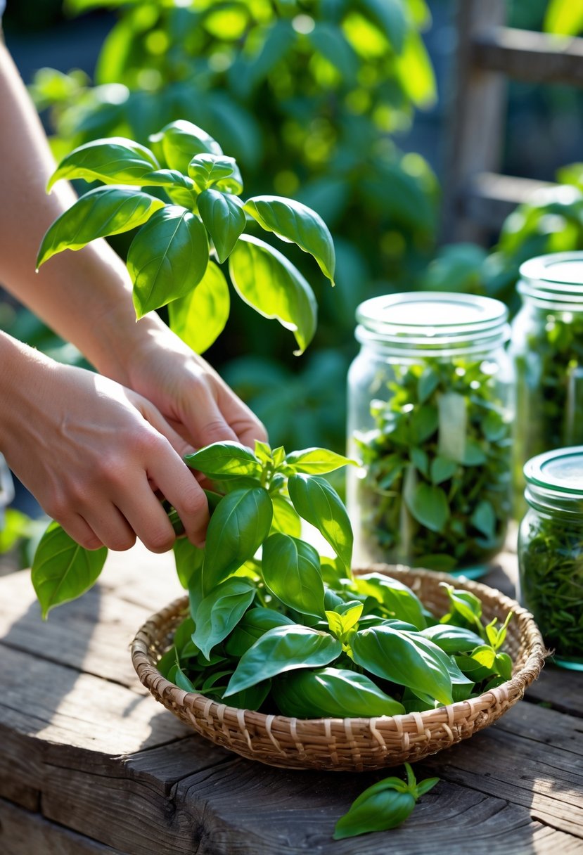 Hands harvesting fresh basil leaves from a plant with basil leaves arranged in a basket and jars of dried basil on a wooden table.