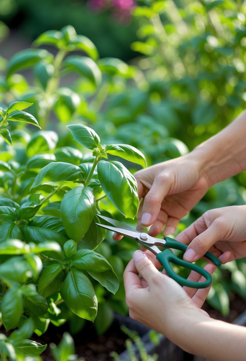 Hands harvesting fresh basil leaves from a basil plant in a garden.