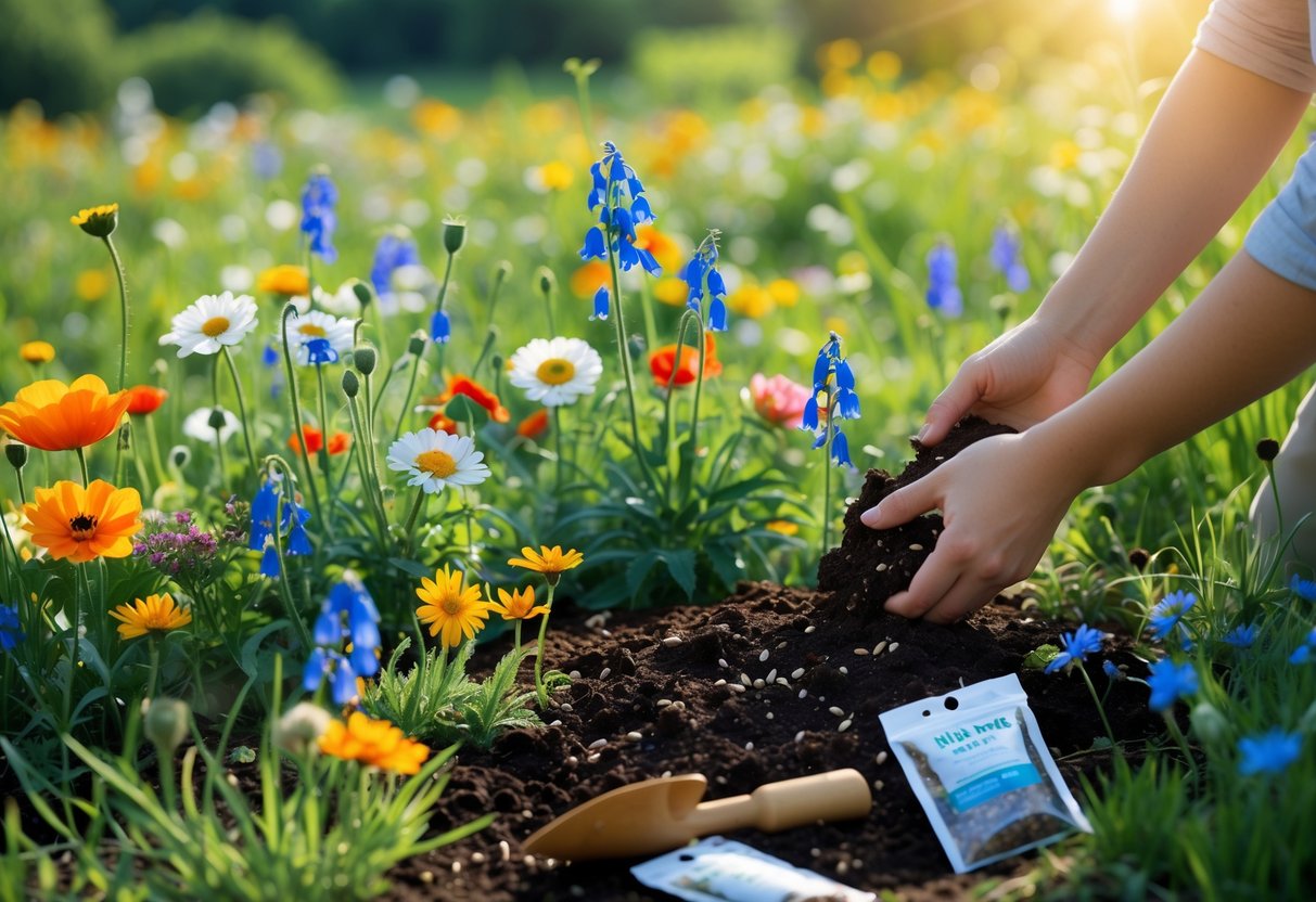Hands planting wildflower seeds in soil surrounded by colorful blooming wildflowers in a sunlit meadow.