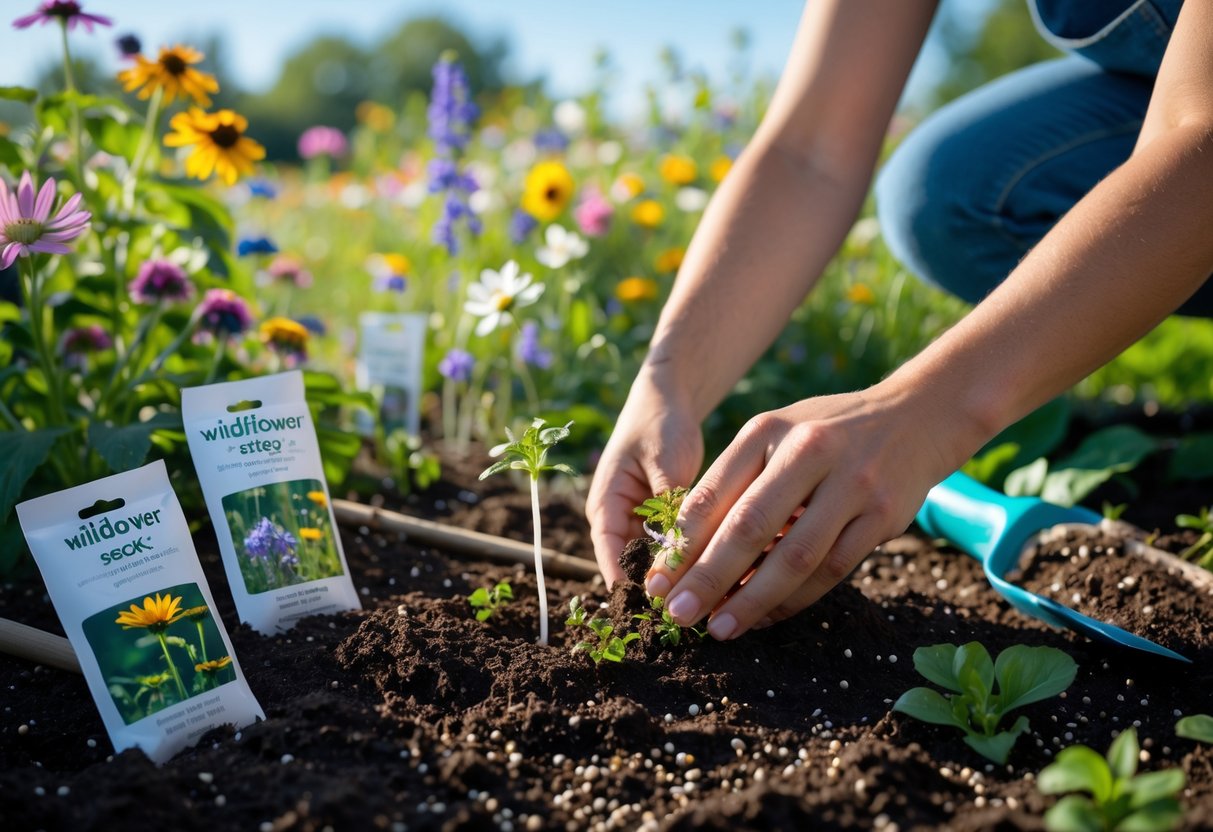 Hands planting wildflower seeds in soil with blooming wildflowers in the background.