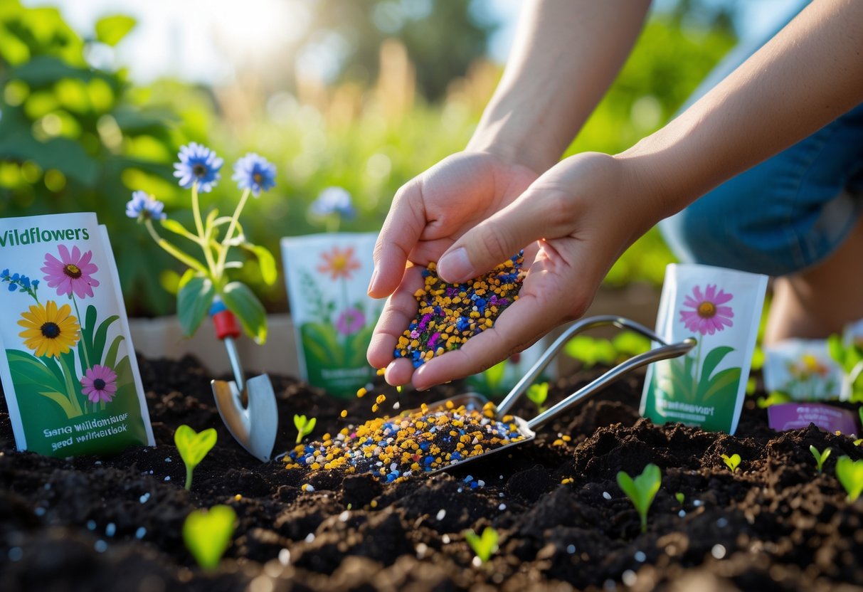 Hands planting wildflower seeds into soil in a garden with young sprouts and gardening tools nearby.