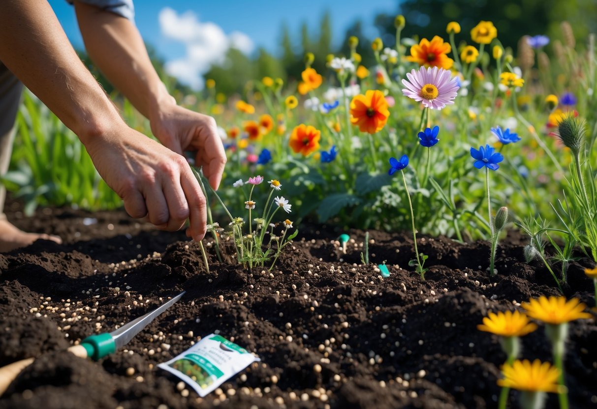 Hands planting wildflower seeds in soil with colorful wildflowers growing in the background.