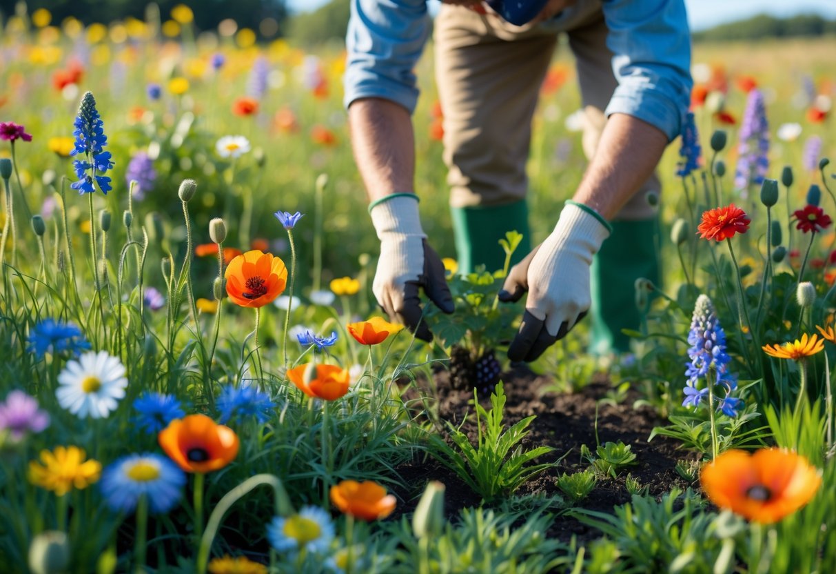A person tending to a colorful wildflower meadow filled with various blooming flowers under a clear blue sky.