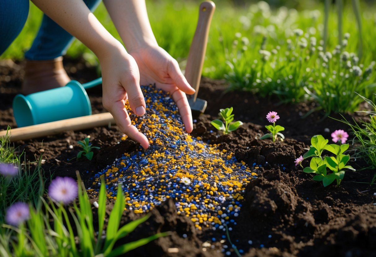 Hands planting wildflower seeds in soil outdoors with gardening tools nearby and blooming wildflowers in the background.