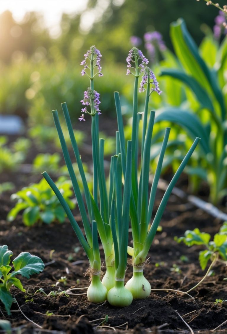 Close-up of onion plants with tall flowering stems growing in a garden during the day.