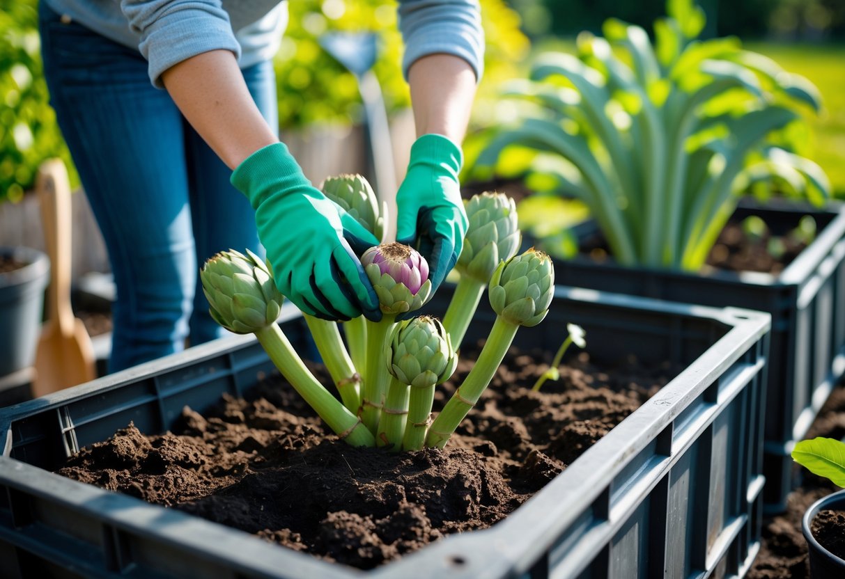 Hands planting Jerusalem artichoke tubers in a container with green plants growing, surrounded by gardening tools in a garden.