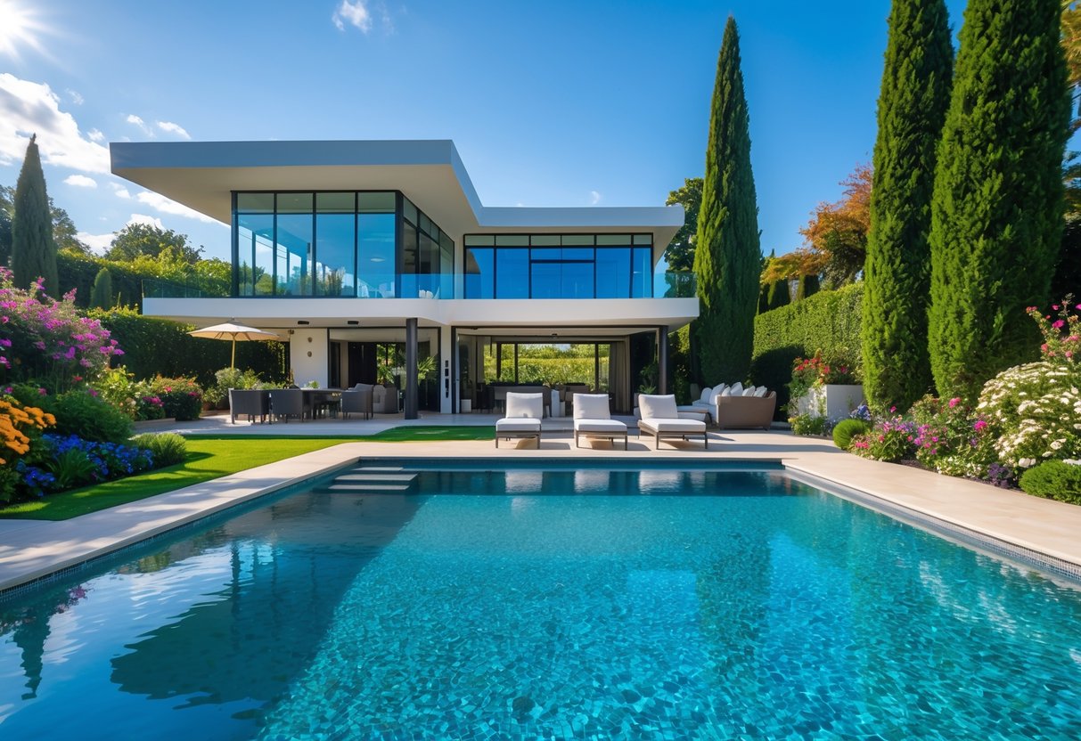 A modern dream house with large windows, a clear swimming pool, and a colorful garden with flowers and trees.