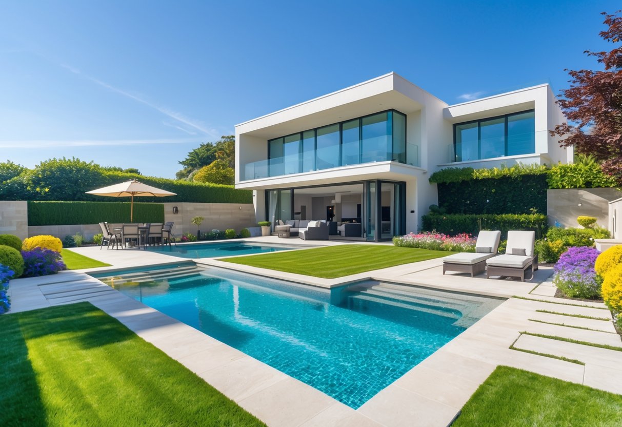 A modern house with a swimming pool and a well-maintained garden with plants and outdoor furniture.
