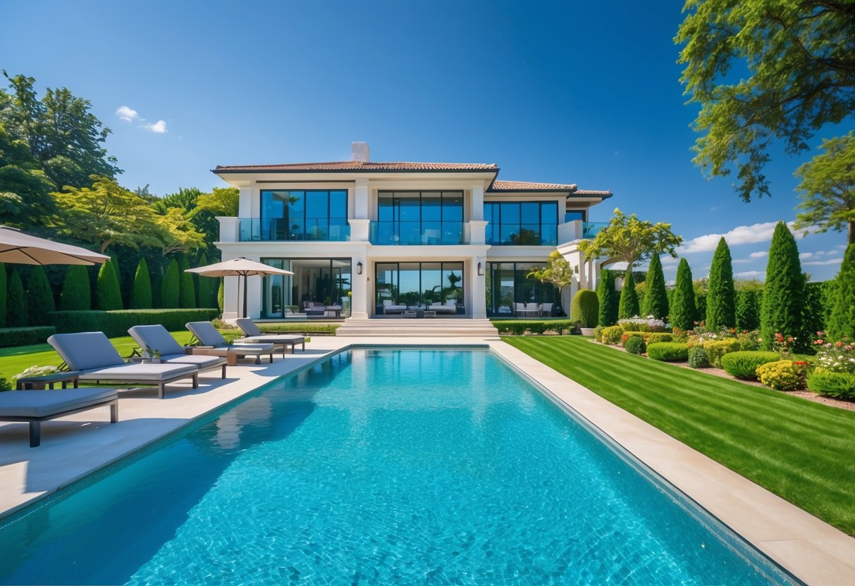 A modern house with a swimming pool and a well-maintained garden under a clear sky.