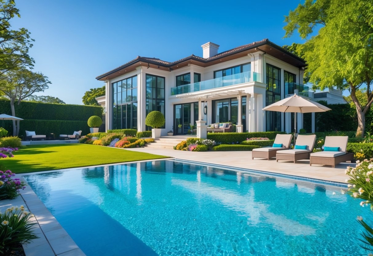 A dream house with a swimming pool and a garden with green grass and colorful flowers on a sunny day.