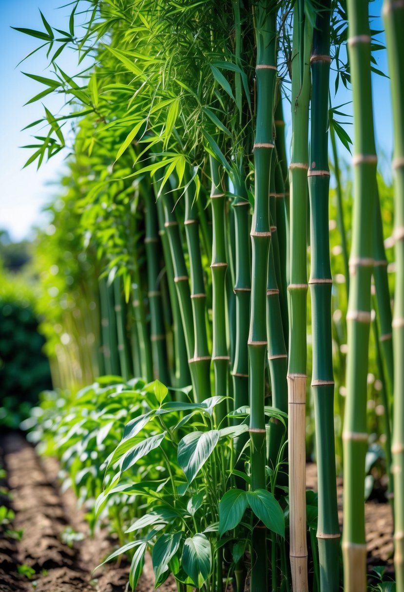 A vertical garden with tall bamboo stalks and sugar cane plants growing in a vegetable garden under natural sunlight.