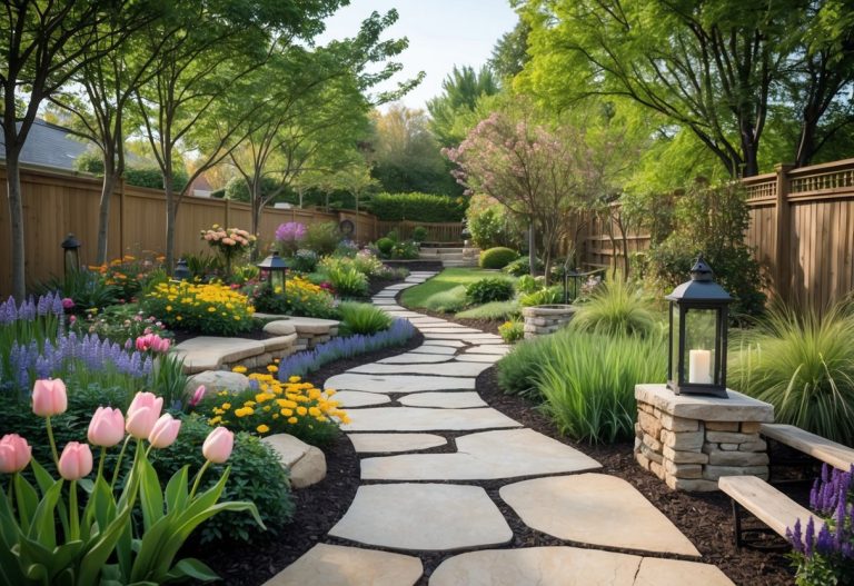 A winding stone pathway surrounded by colorful flowers, green shrubs, and tall trees in a backyard garden.
