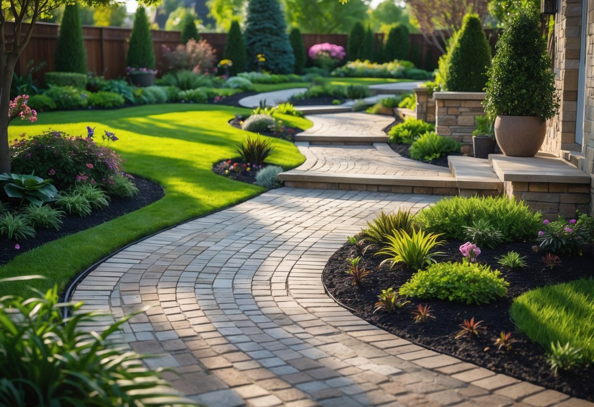 A garden with curved stone and brick walkways surrounded by green grass, colorful flowers, and shrubs under natural daylight.